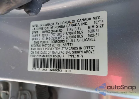 2015 Honda Cr-V Lx from USA, damaged, VIN 2HKRM3H39FH500617